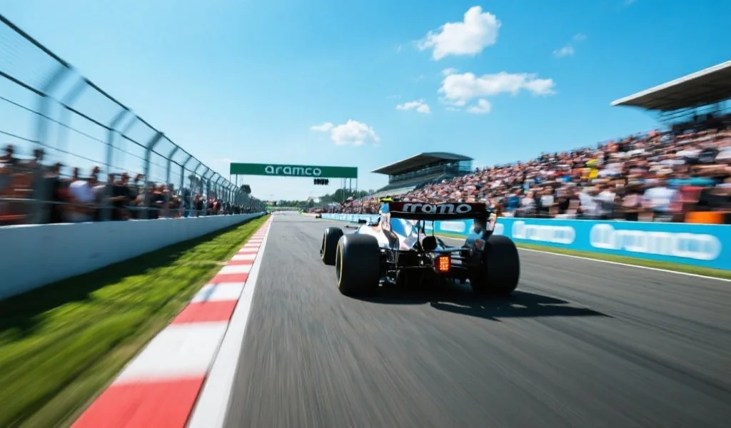 一辆赛车在赛道上高速冲刺,赛道两旁有观众,天空晴朗,氛围激烈